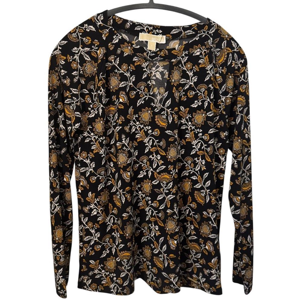 MICHAEL Michael Kors Black and Gold Floral Long Sleeve Round Neck Blouse Small